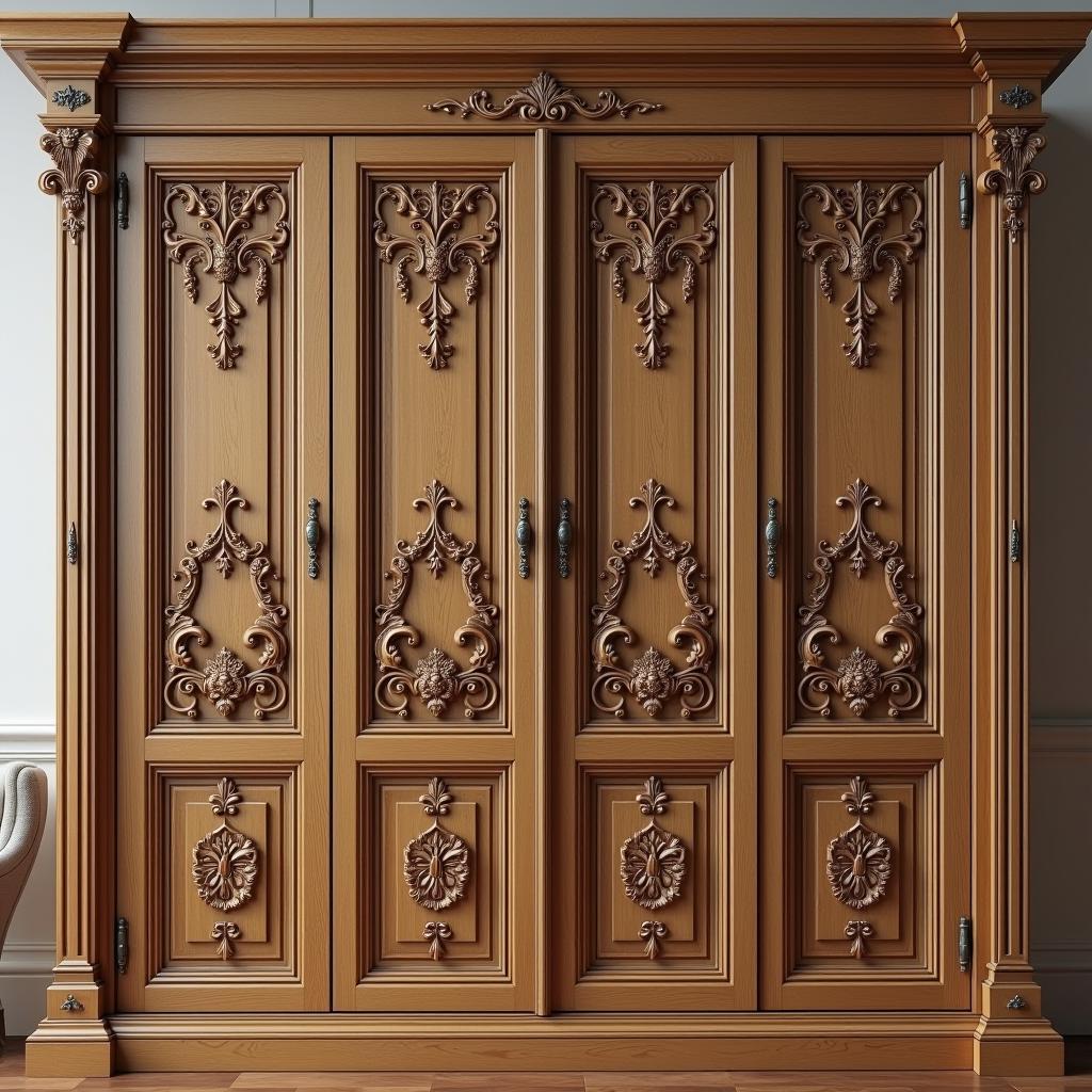 Mẫu tủ áo gỗ chạm khắc CNC cổ điển với hoa văn tinh xảo cho phòng ngủ sang trọng